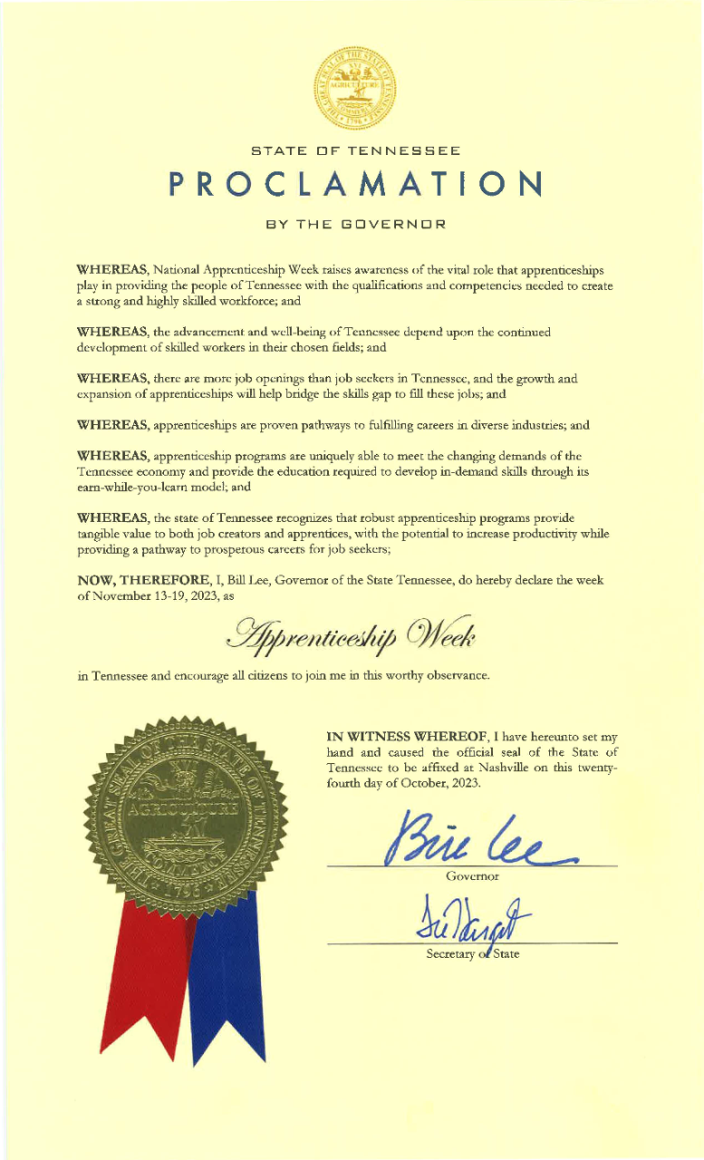 2023 Apprenticeship Week Proclamation 2023 Apprenticeship Week Proclamation by the Governor of Tennessee