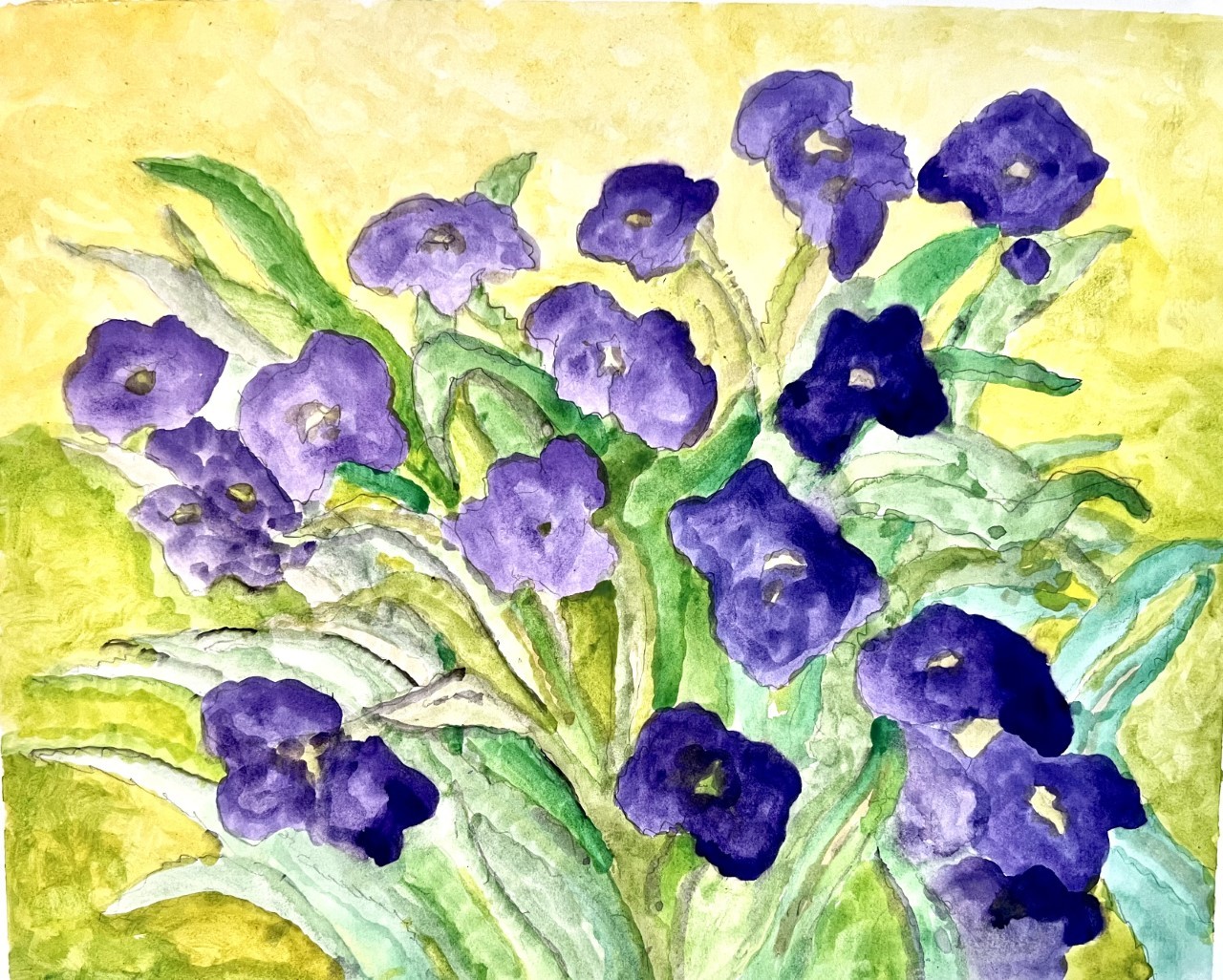 "Fresh Growth" by Mark a painting of several pretty purple flowers growing with green stems and leaves against a yellow background, maybe in a field