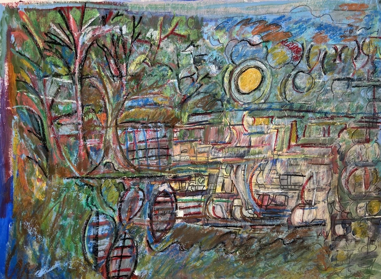 "The Sun Still Shines" by David A somewhat abstract drawing with oil pastels; appears to be trees, a yellow sun, and some buildings