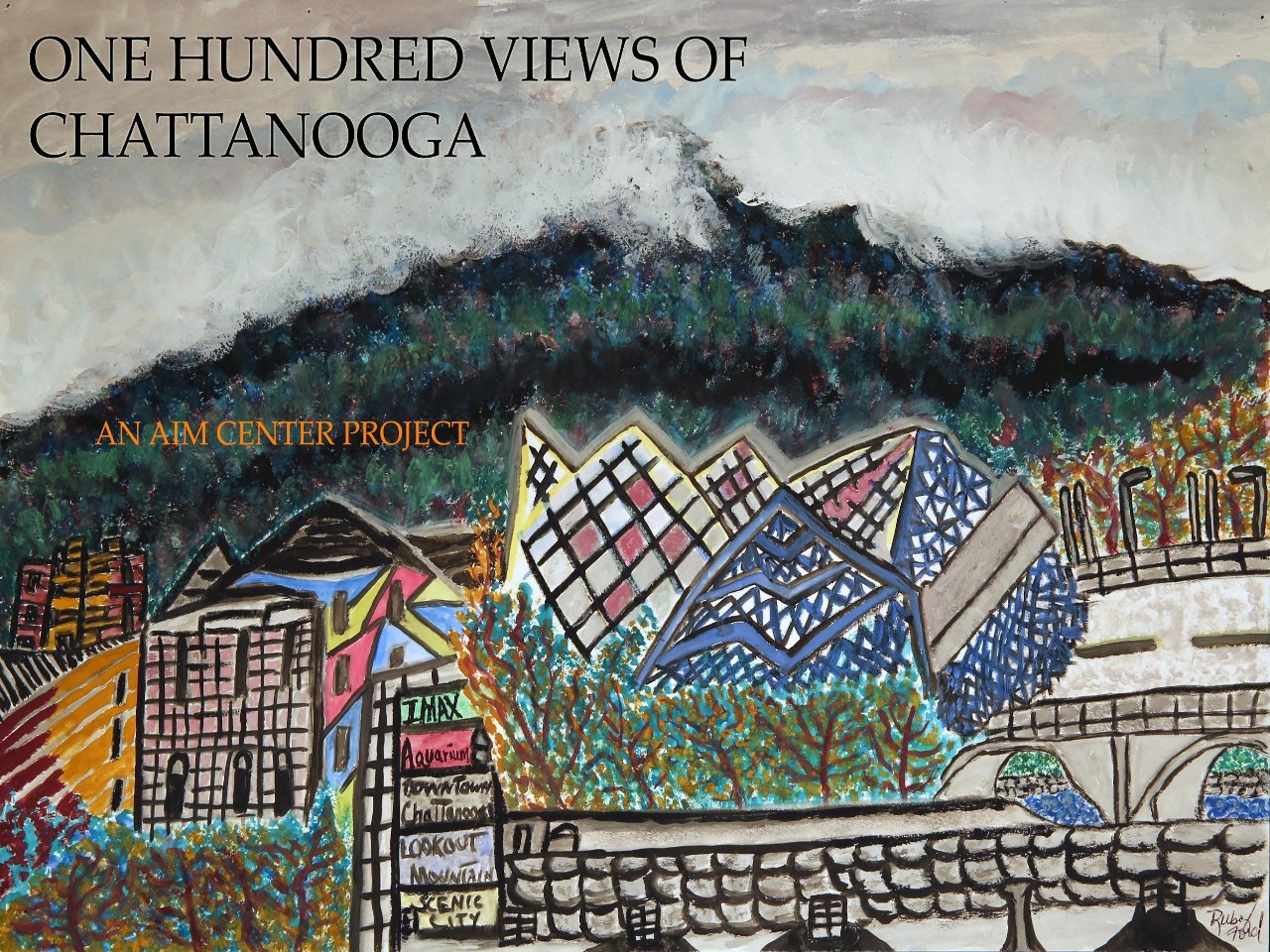 "One Hundred Views of Chattanooga" coffee table book 4. Cover of "One Hundred Views of Chattanooga" coffee table book. Shows the title and a cover painting in oil pastels that shows a city skyline of Chattanooga, with buildings and other structures against a mountainous background of forests