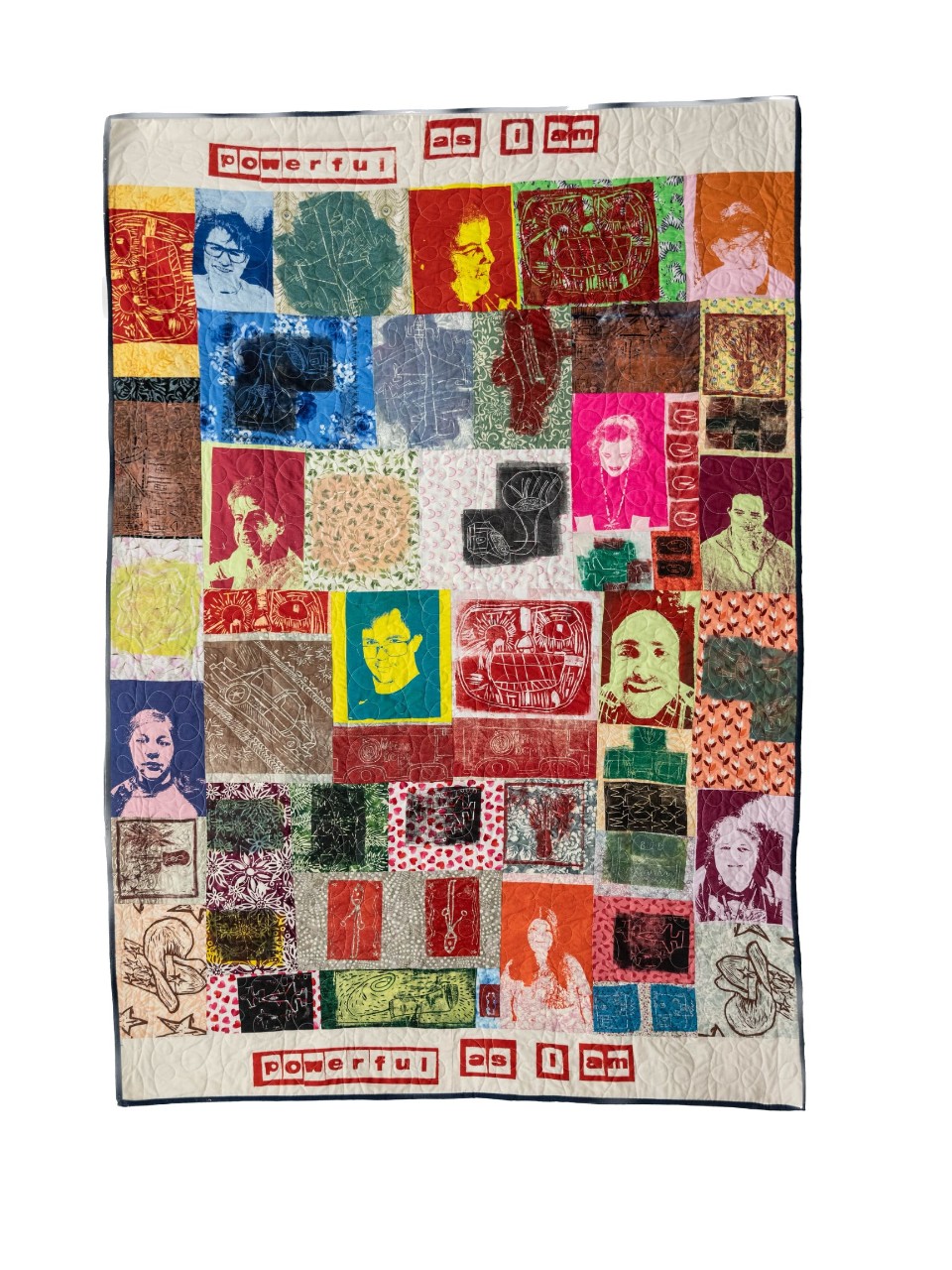 Powerful As I Am Community Quilt, 2023. a colorful quilt made of squares of fabric photos of Friend's Life participants