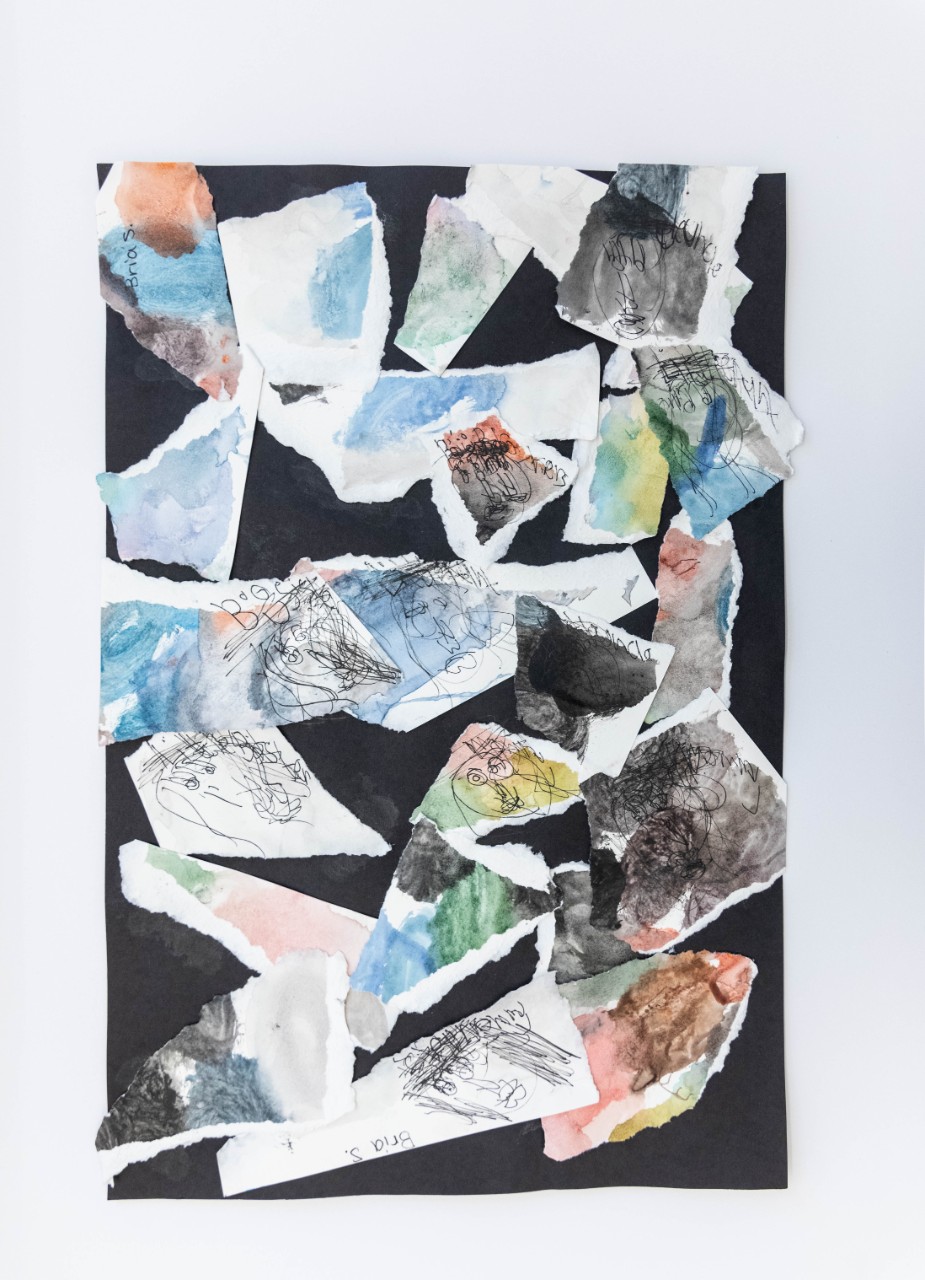 Bria Spurlock. I Have a Good Mommy and a Good Step Mommy!, 2023. Torn scraps of paper with watercolors pasted onto a black background