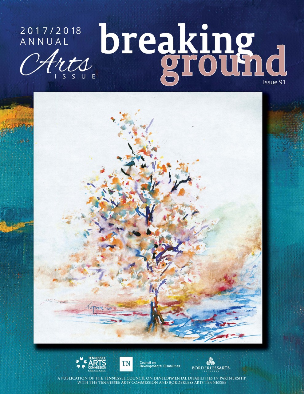 BG 91 - Arts 2017 cover only cover of breaking ground 2018 arts issue - shows a lovely watercolor of a tree with its leaves blowing in the wind, surrounded by lots of blues and greens