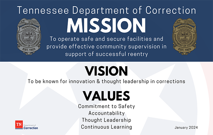 MissionVisionValues TDOC Mission, Vision & Values - Mission: To operate safe and secure prisons and provide effective community supervision in support of successful reentry. Vision: To be known for innovation & thought leadership in corrections. Values: Commitment to Safety; Accountability; Thought Leadership; Continuous Learning