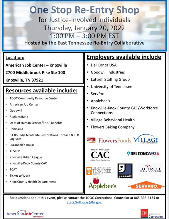 Knoxville DRC Flyer - January 20, 2022 One Stop Reentry Shop Knoxville DRC Flyer - January 20, 2022 One Stop Reentry Shop