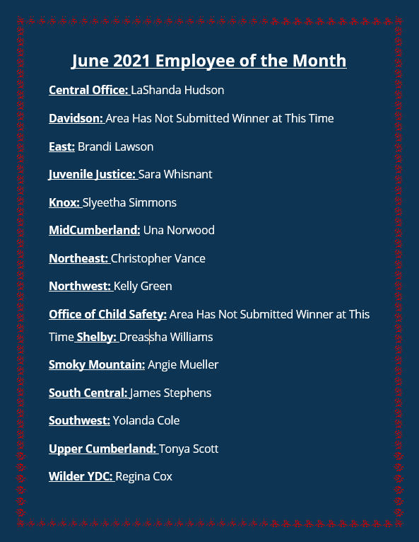 June Employee of the Month June Employee of the Month