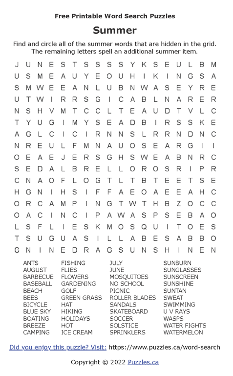 Crossword Puzzle: Summer Crossword Puzzle: Summer