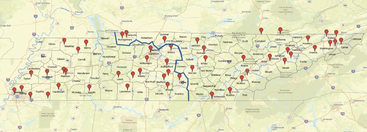 Map with 50 CLGs indicated and line separating staff assignments