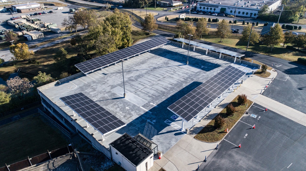 19_15_p_1 Aerial view of a state-of-the-art Solar Photovoltaic system parking canopy recently installed on the upper deck of the garage at Joint Force Headquarters, Tenn.