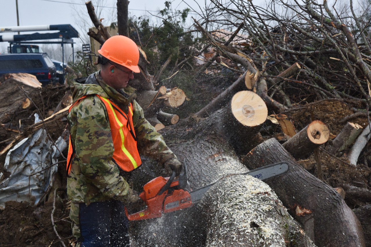 Tennessee Guard Soldier in uniform with orange construction hat using chainsaw to cut a tree into sections 