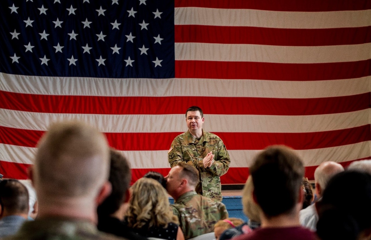 Maj. Danny Frederick, commander of the 1957th Contingency Contracting Team, speaks at a farewell ceremony, June 22, which took place at Nashville’s Joint Force Headquarters. The 1957th will complete pre-deployment requirements in Fort Bliss, Texas, before leaving for a nine-month deployment to the Horn of Africa. (Photo by 1st Lt. Sarah Kohrt)